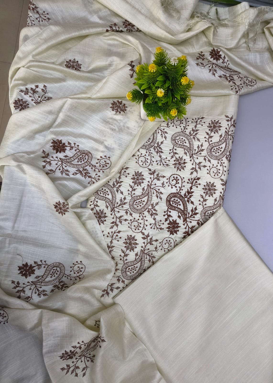 Silk churidar material with Thread Embroidery